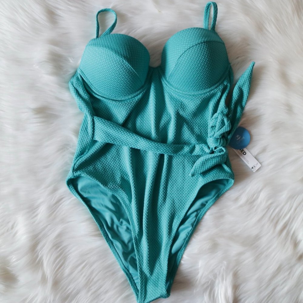 NEW Turquoise Green Underwire Tie Front Hipster One Piece Swimsuit Size Large - Picture 3 of 7